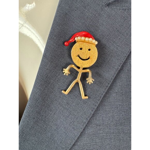 Gold-Toned Stick Figure Brooch With Enamel Santa Hat & Faux Pearl Trim - Picture 11 of 16